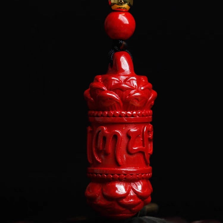 佛教六字真言轉經筒硃砂吊墜 Buddha Stones Natural Cinnabar prayer wheel Om mani padme hum Pendant