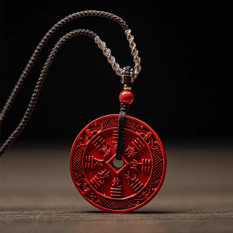 Taoism Stones Natural Cinnabar Mountain Ghosts Spend Money Bagua Design Blessing Necklace Pendant