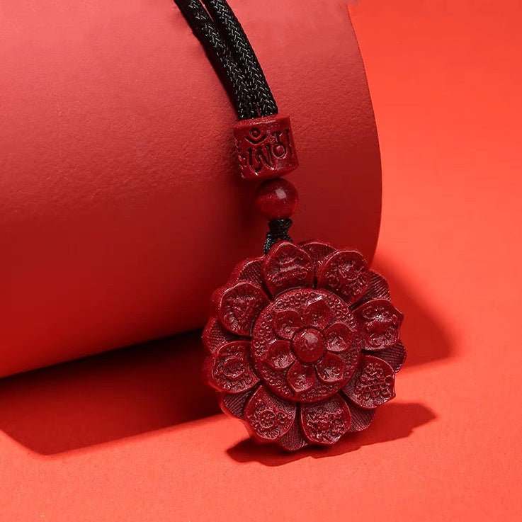 佛教六字真言蓮花座硃砂吊墜掛件 Buddha Stones Natural Cinnabar Lotus Om Mani Padme Hum Blessing Necklace String Pendant