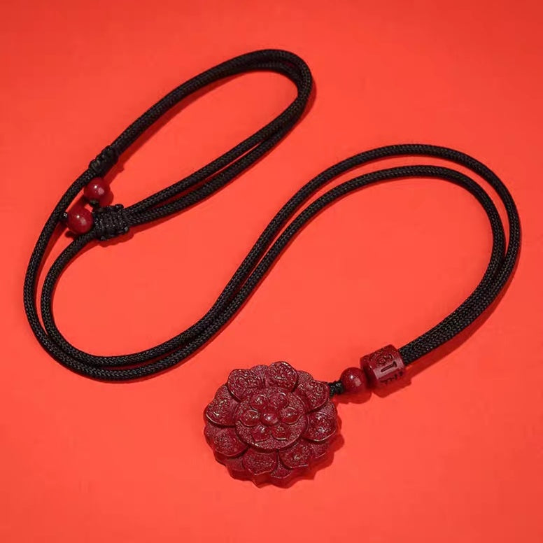 佛教六字真言蓮花座硃砂吊墜掛件 Buddha Stones Natural Cinnabar Lotus Om Mani Padme Hum Blessing Necklace String Pendant