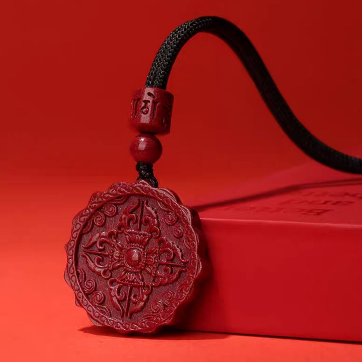 佛教六字真言蓮花座硃砂吊墜掛件 Buddha Stones Natural Cinnabar Lotus Om Mani Padme Hum Blessing Necklace String Pendant