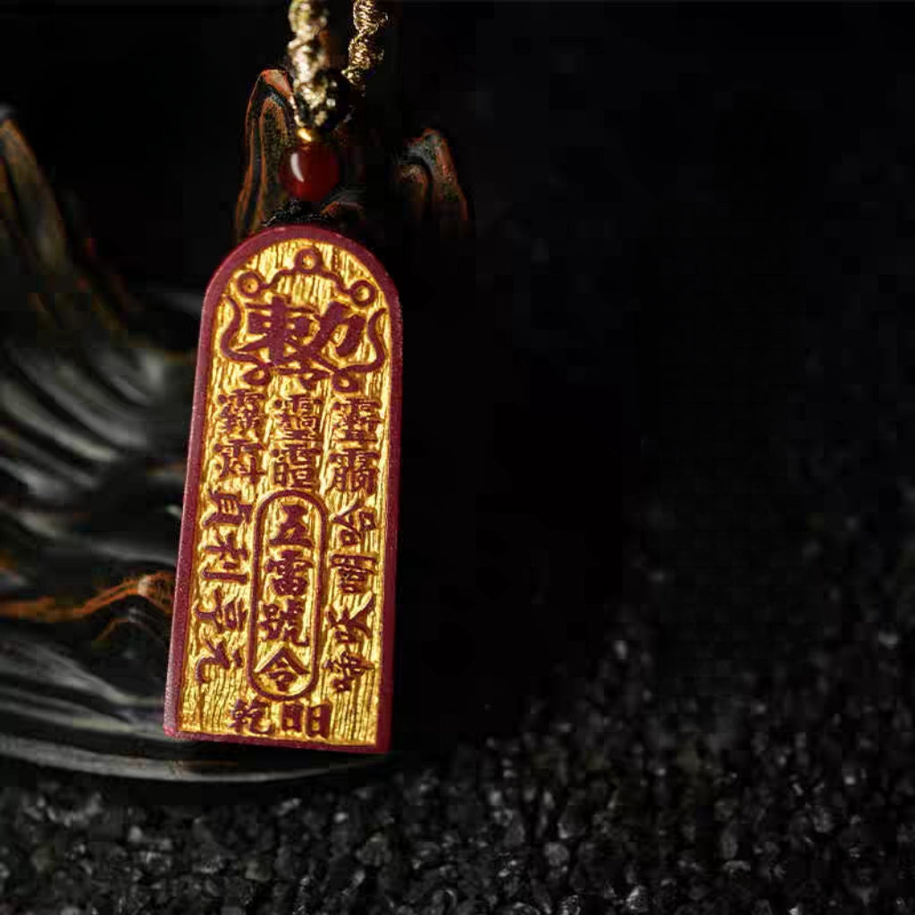 道教五雷號令硃砂牌 （描金款） Taoism Stones Natural Cinnabar The Five Thunder Talismans  Design Blessing Necklace Pendant Ornament